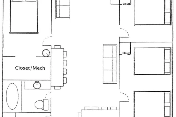 View of the bedroom with 3 queen beds and curtain dividers