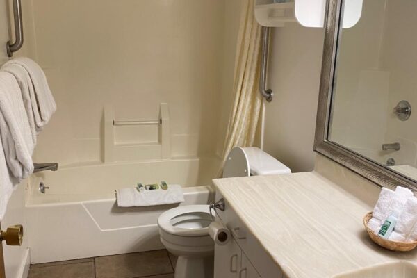 View of the full bath with the tub/shower