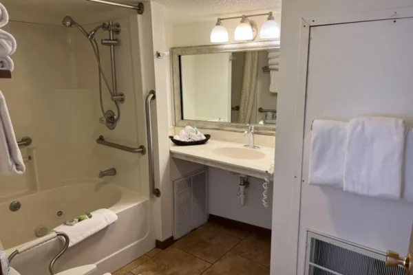 View of the bathroom with the whirlpool tub/shower