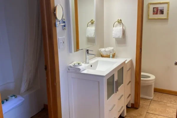 View of the tub/shower and toilet in separate rooms with the lavatory between the two