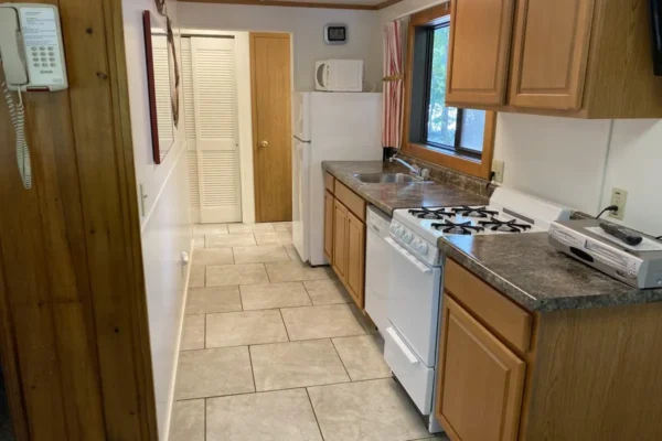 View of the kitchen leading to the bathroom