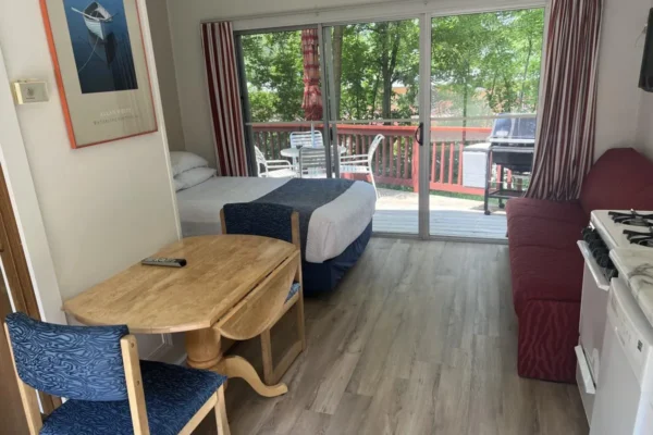 View of the long-double bed, sofa sleeper, and the deck.