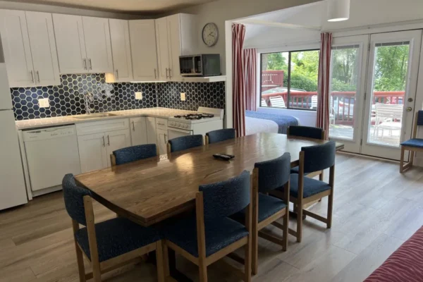 View of the kitchen and the dining area